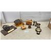 Image 1 : Wooden Collectibles, Fischer Weather Station, Log Cabin Bank, Cart Model, and More