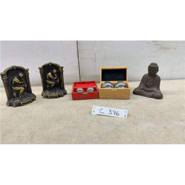 Cast Iron "The Thinker" Bookends, Baoding Balls in Cases, and Buddha Statue