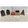 Image 1 : Cast Iron "The Thinker" Bookends, Baoding Balls in Cases, and Buddha Statue