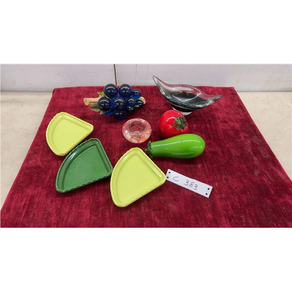 Decorative Art Glass Grape Cluster, Dishes, Fruit Sculptures, and More