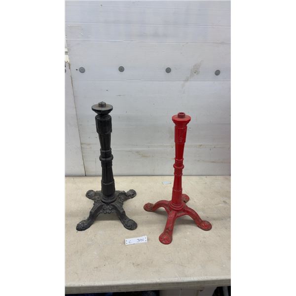Two Cast Iron Ornate Pedestal Bistro Table Bases, Black and Red, Threaded Tops