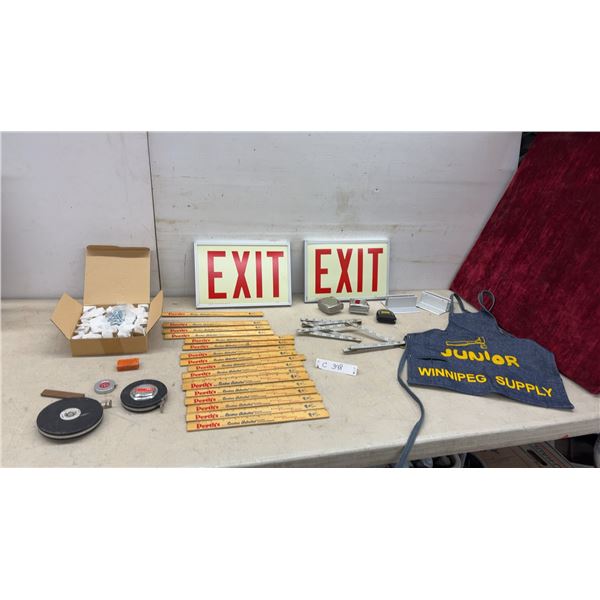 Two Safety-Glow Canada Exit Signs, Perth's Rulers, Tape Measures, Apron, and More