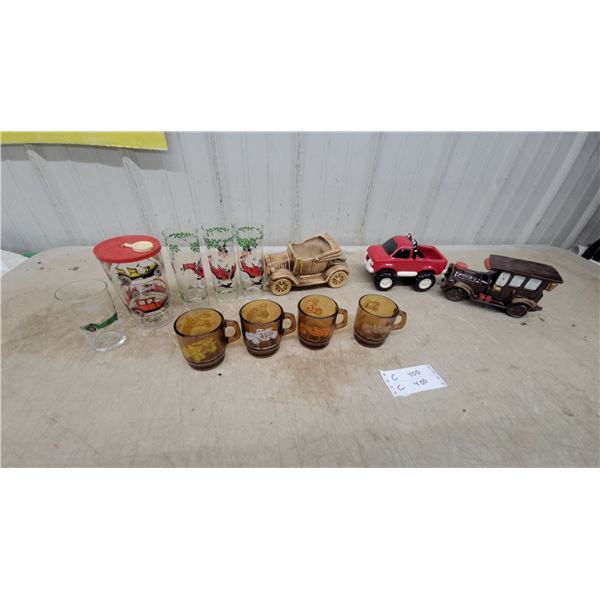 Ceramic Vintage Automobile Planter and Ornaments Circa 1975, and Vintage Auto Glasses and Cups