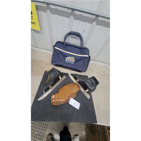 Super Bowl XXXIII Commemorative Duffel Bag, Vintage Ice Skates, and Baseball Glove