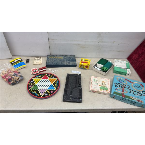 Vintage Games Lot: Chinese Checkers, Carved Cribbage Board, Ring Toss, Ping-Pong Net, and More