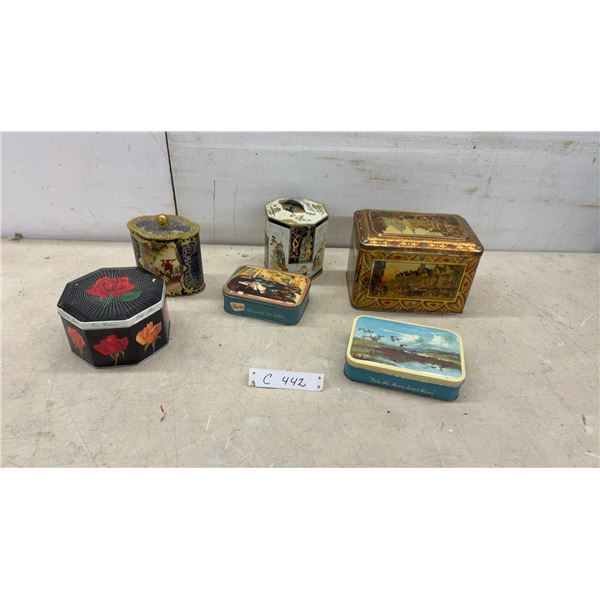 Collection of Six Vintage Decorative Biscuit and Toffee Tins in Assorted Shapes and More