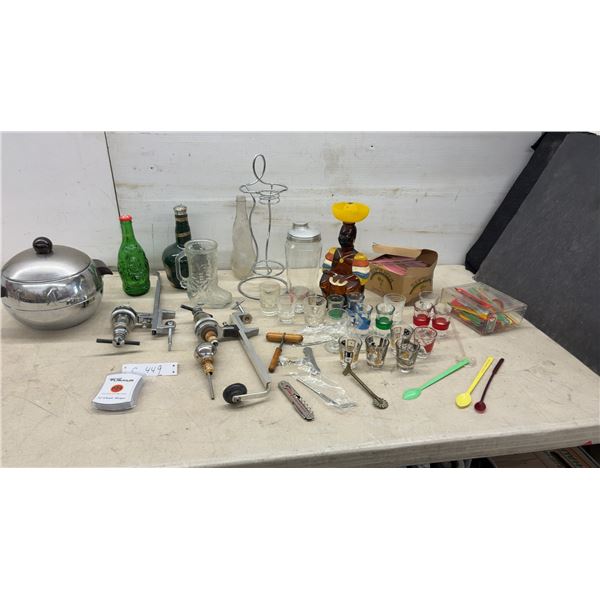 Vintage Bar Lot with Shot Glasses, Liquor Pourers, Cocktail Shaker, Bottle Stopper, and More