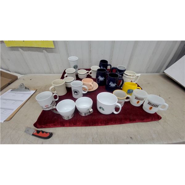 Collection of Assorted Ceramic Coffee Mugs Including Starbucks, Bonanza, and More