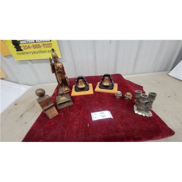 Two Brass Bells on Wood Bases, Bronze Figurine, Weather-O-Meter Bank and More