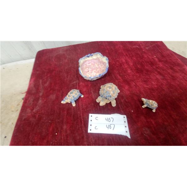 Set of Three Hand-Painted Ceramic Turtle Figurines and Ceramic Bowl with Blue Rim