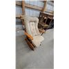 Image 1 : Wooden Glider Rocking Chair with Tufted Beige Cushion and Turned Wood Accents