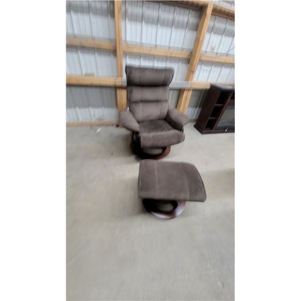 Dark Brown Microsuede Swivel Recliner Chair with Matching Ottoman on Round Wood Bases