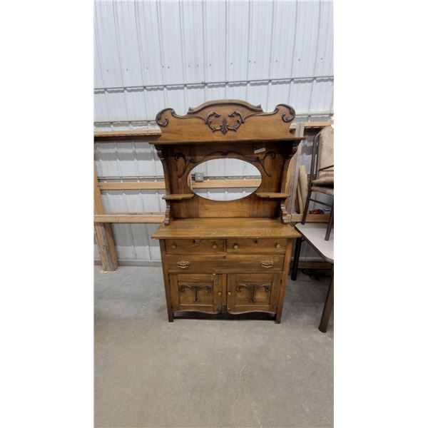 Antique Victorian Oak Sideboard with Carved Crest, Missing Oval Mirror, and Lower Cabinet