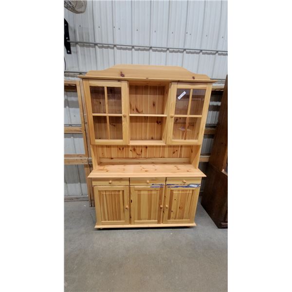 Pine Hutch China Cabinet with Glass-Pane Doors, Drawers, and Lower Cabinets 72 x 52 x 16"