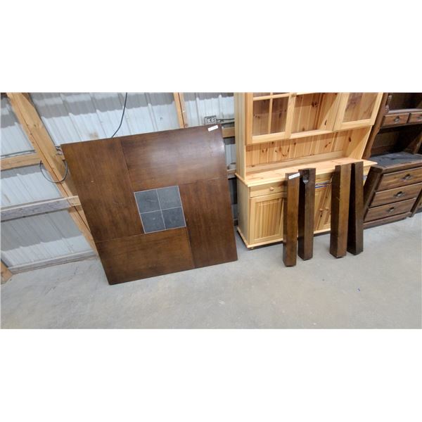 Dark Brown Wood Dining Table with Center Stone Tile Insert and Four Legs 54 x 54 x 36"