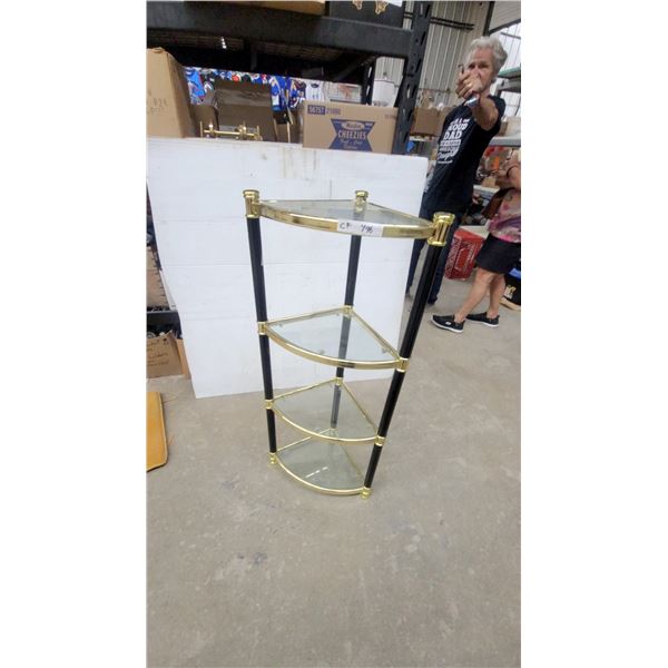4 Tier Corner Étagère with Glass Shelves and Brass-Tone Metal Frame, Black Posts43 x 18 x 13"