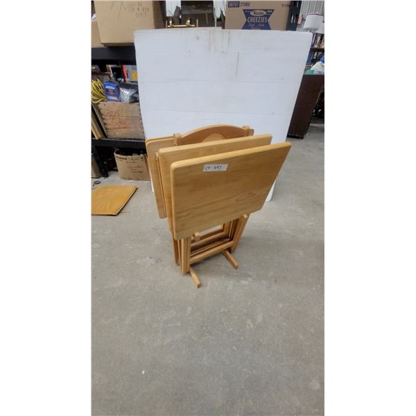 Set of Four Wooden Folding TV Tray Snack Tables with Storage Stand