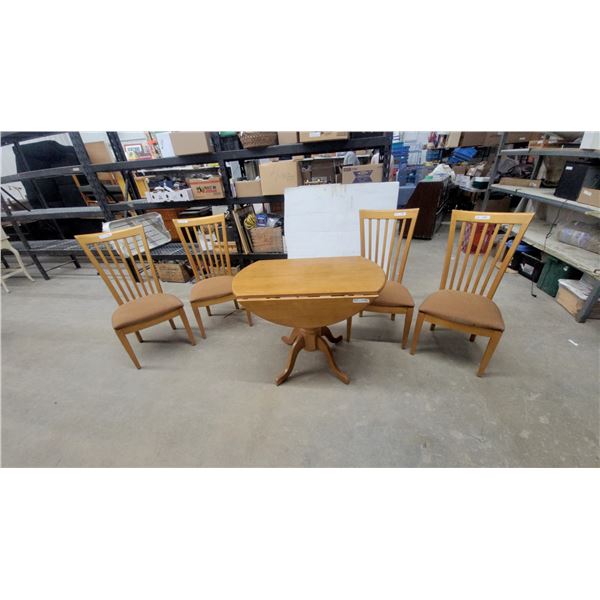 Wooden Drop-Leaf Pedestal Dining Table with Four Slatted-Back Upholstered Chairs 30" Hgt.x40"