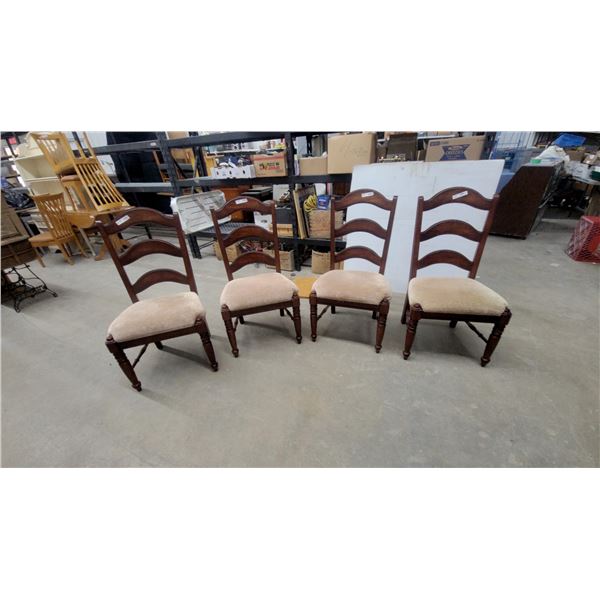 Set of Four Dark-Stained Ladder-Back Dining Chairs with Beige Upholstered Seats Matching