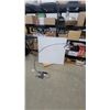 Image 1 : Chrome Arc Floor Lamp with Adjustable Arm, Square Base, and Bell-Shaped Shade