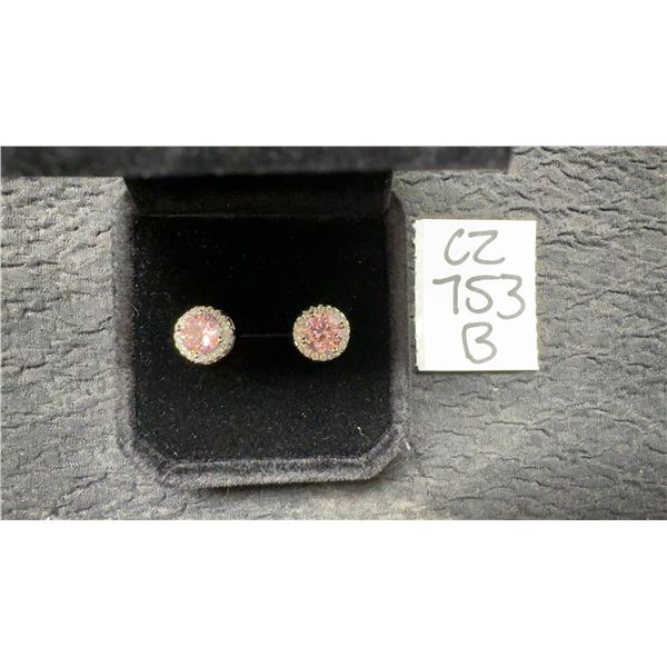 925 Sterling Silver 1.0 Carat Each Pink Simulated Diamond Halo Stud Earrings with White Gold