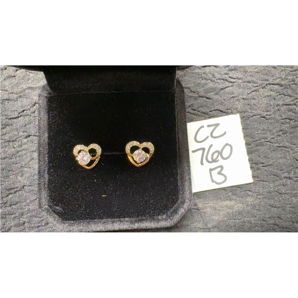 18K Gold Plated 9.0mm Each Simulated Diamond Cubic Zirconia Heart Stud Earrings