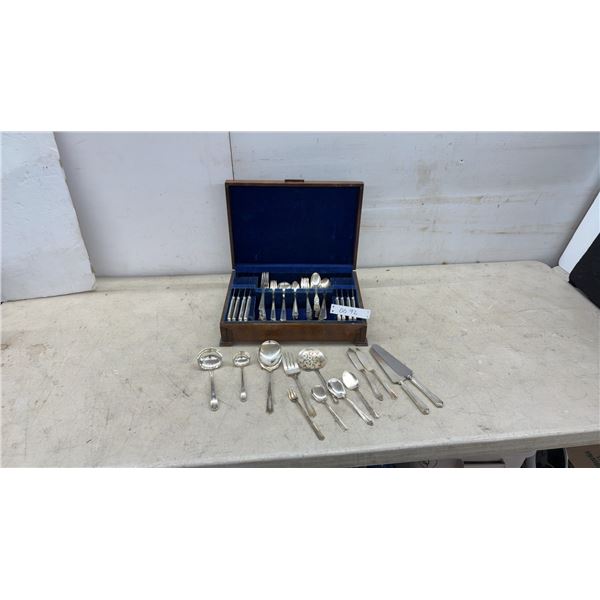 Silverplate Flatware Set in Blue Velvet-Lined Wooden Chest with Serving Pieces, Different Patterns