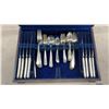 Image 2 : Silverplate Flatware Set in Blue Velvet-Lined Wooden Chest with Serving Pieces, Different Patterns
