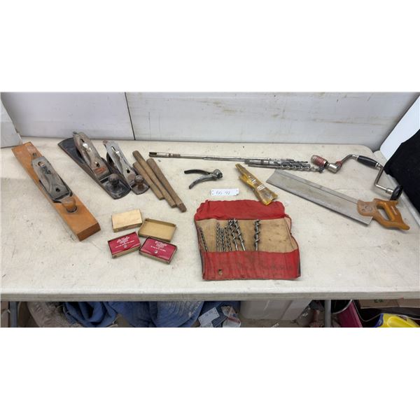 Vintage Stanley Hand Planes, Craftsman Back Saw, Manual Drill, Auger Bit Set, Butt Markers