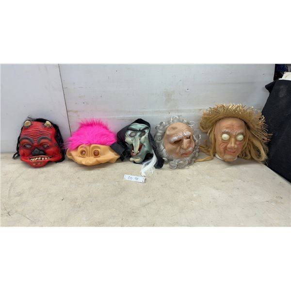 Lot of Five Assorted Halloween Costume Masks Including Demon, Witch, and More