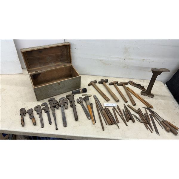 Vintage Wooden Tool Box with Pipe Wrenches, Hammers, Cobbler's Shoe Forms, Files, and More