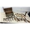 Image 1 : Vintage Wooden Tool Box with Pipe Wrenches, Hammers, Cobbler's Shoe Forms, Files, and More