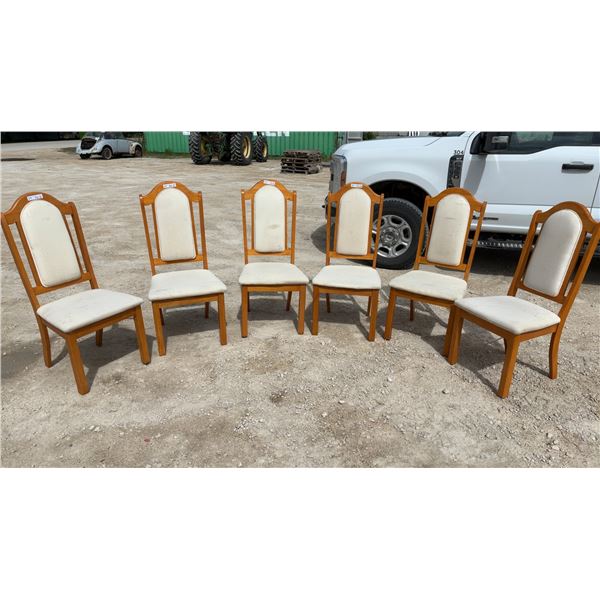 Set of Six Wooden Dining Chairs with Upholstered Seats and Arched Backrests