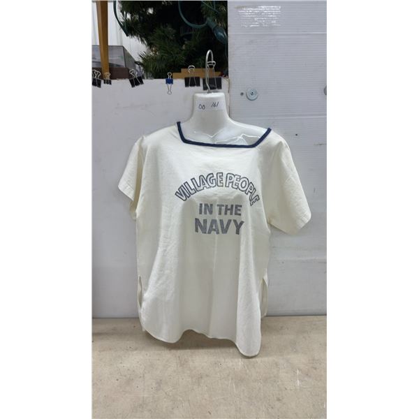 Village People "In the Navy" White Short-Sleeve Top with Navy Trim and Side Slits. Sz Med??