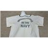 Image 2 : Village People "In the Navy" White Short-Sleeve Top with Navy Trim and Side Slits. Sz Med??