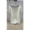 Image 3 : Village People "In the Navy" White Short-Sleeve Top with Navy Trim and Side Slits. Sz Med??