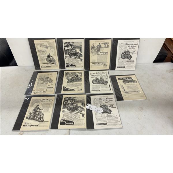 Eleven 1924 and 1930s Harley Davidson Motorcycle Advertising with Foamcore and Sealed Bags