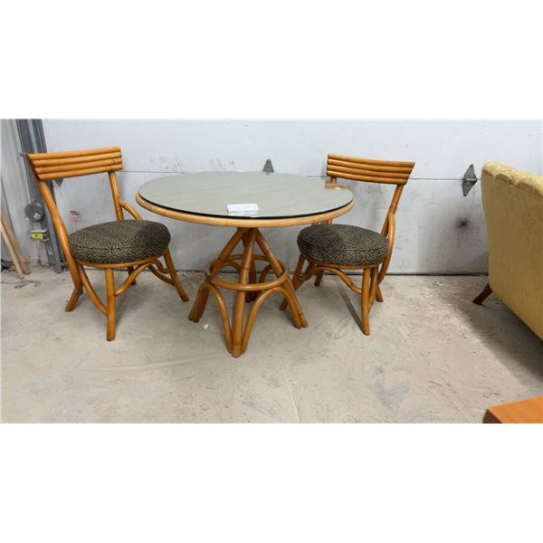 Vintage Rattan Pedestal Dining Table, 26 x 30" with Glass Top and Two Matching Chairs