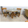 Image 1 : Vintage Rattan Pedestal Dining Table, 26 x 30" with Glass Top and Two Matching Chairs