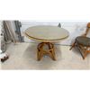 Image 2 : Vintage Rattan Pedestal Dining Table, 26 x 30" with Glass Top and Two Matching Chairs
