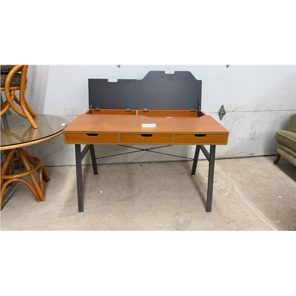 Mid-Century Modern Lift-Top Computer Desk with Three Drawers and Metal Base, 30 x 31 x 46"