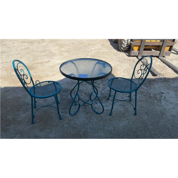 Teal Wrought Iron Outdoor Bistro Set with Glass Top Table and Two Scrolled Chairs