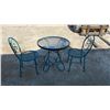 Image 1 : Teal Wrought Iron Outdoor Bistro Set with Glass Top Table and Two Scrolled Chairs