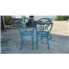 Image 3 : Teal Wrought Iron Outdoor Bistro Set with Glass Top Table and Two Scrolled Chairs