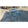 Image 8 : Teal Wrought Iron Outdoor Bistro Set with Glass Top Table and Two Scrolled Chairs