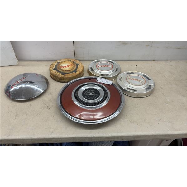 Vintage Chevrolet, Ford Thunderbird, and GMC Truck Hubcaps and Wheel Covers, 5 Pieces