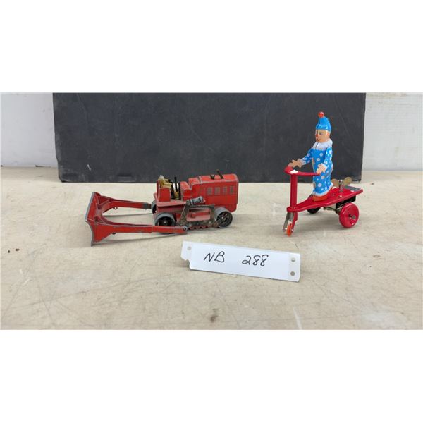 Vintage KO Japan Wind-Up Tin Clown on Scooter (Missing Rubber on 2 Tires) and Dinky Bulldozer