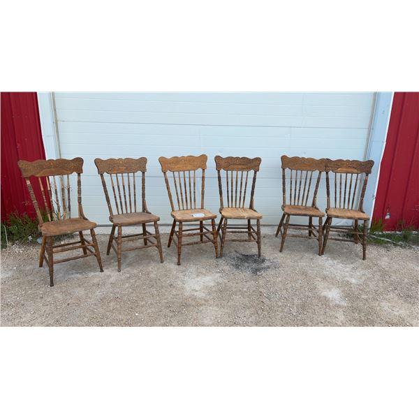 Set of Six Antique Press-Back Spindle Chairs with Carved Crest Rails and Turned Legs