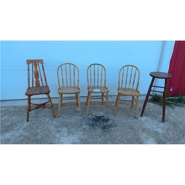 Vintage Wooden Spindle-Back Side Chair with Carved Splat and X-Shaped Stretchers, Lot of 5