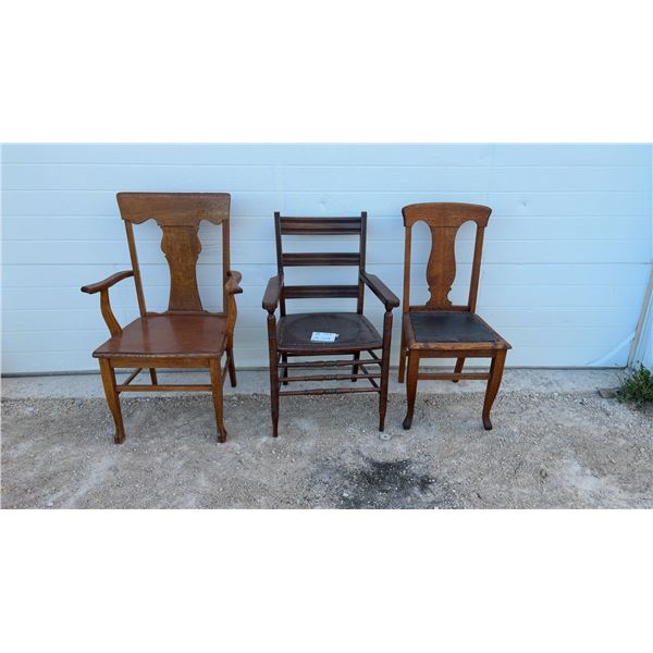 Antique Oak T-Back Armchair, Ladder-Back Armchair, and Oak Side Chair